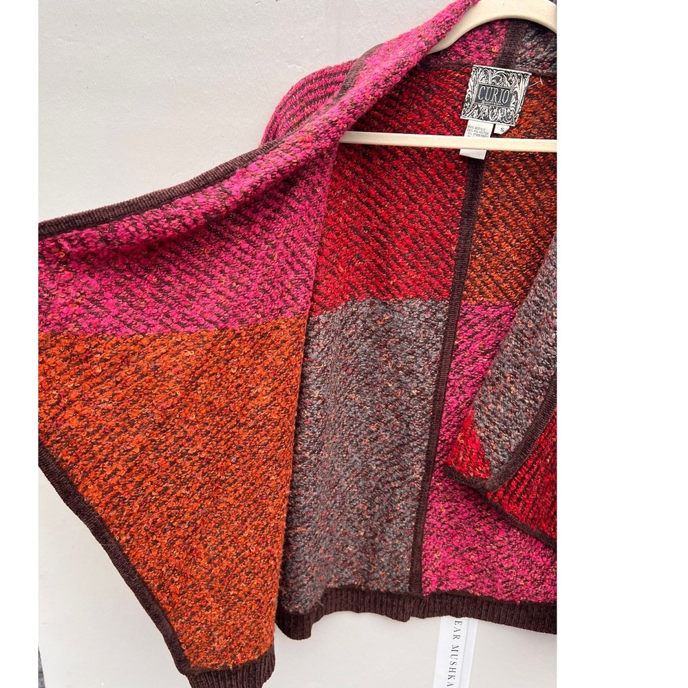 CURIO Patchwork Multicolor Knit Shawl Collar Card… - image 4